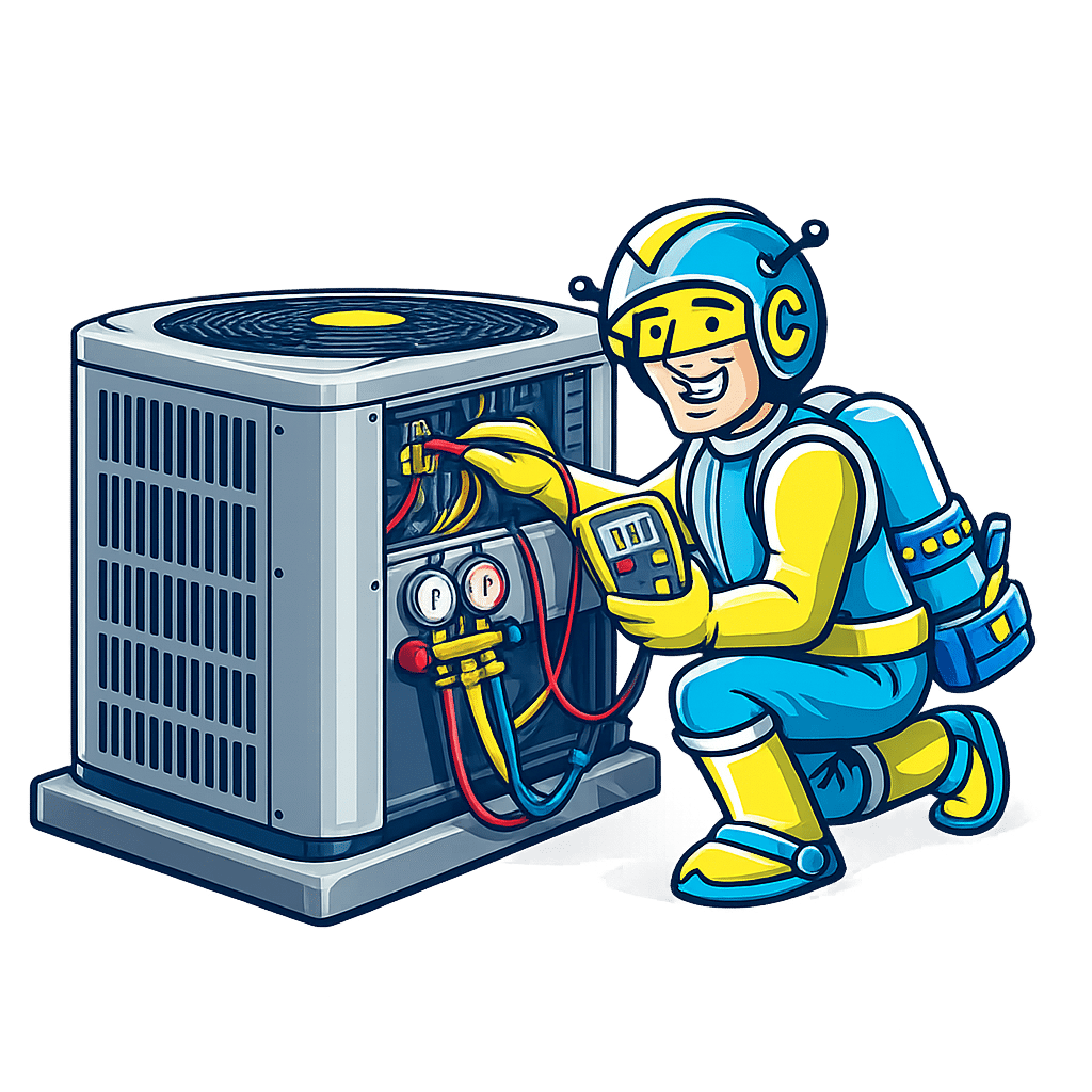 Cosmic Comfort character working on hvac system