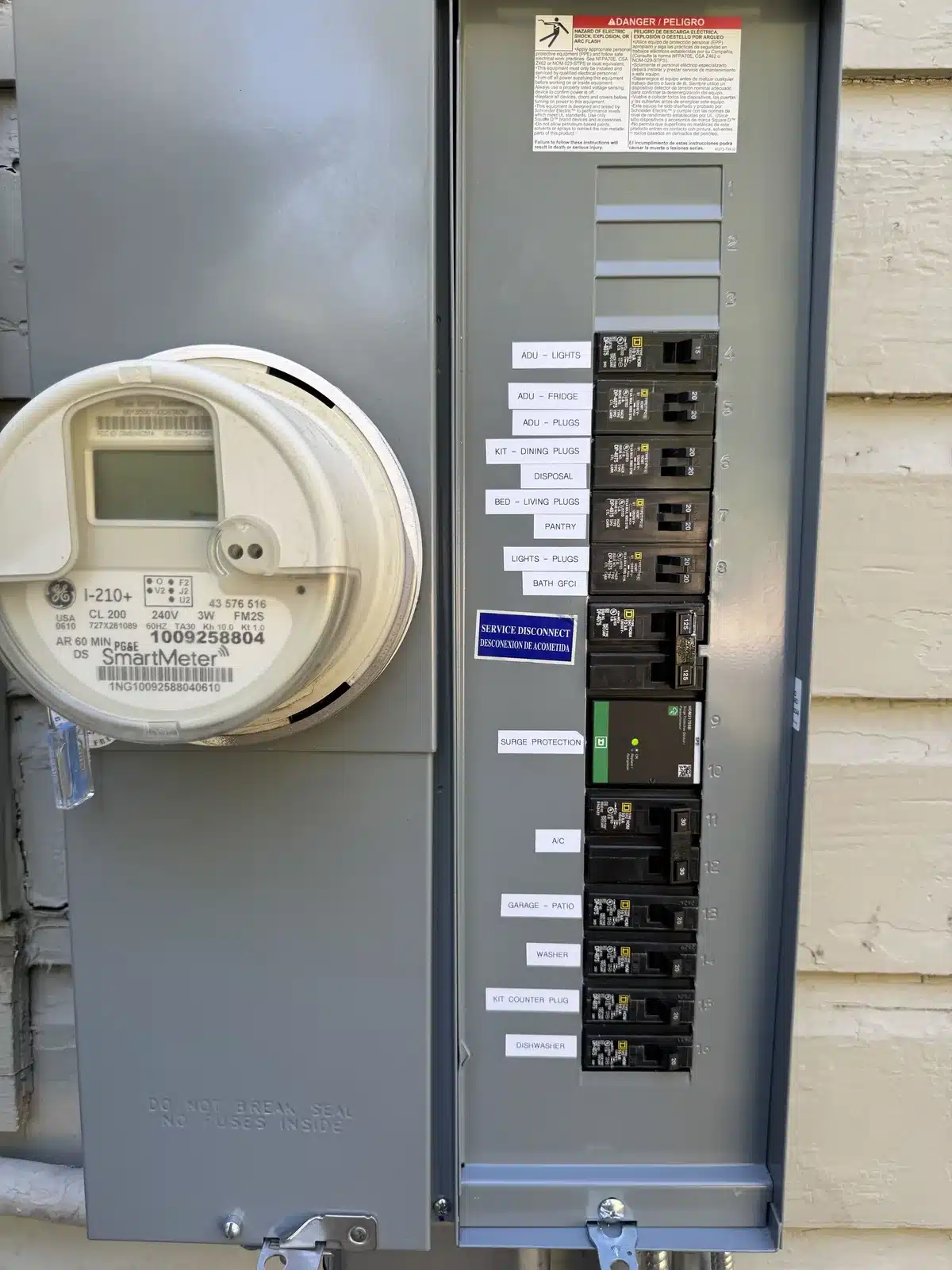 New meter and main electrical panel with labeled breakers on a home in Fresno, CA